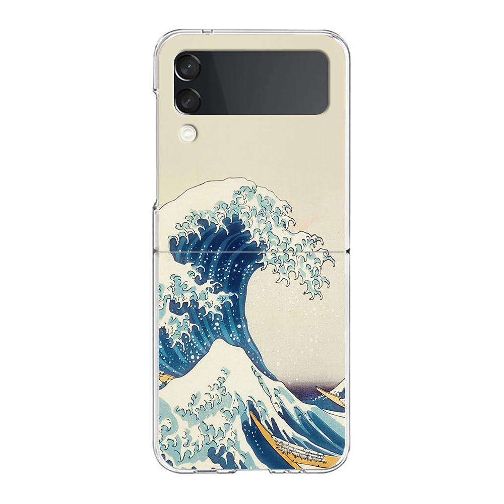 The Big Wave of kanagawa ZFlip5 ZFlip3 Phone Case For Samsung Z Flip 3 5G Transparent Hard Shell Z Flip 4 Galaxy Cover Folding