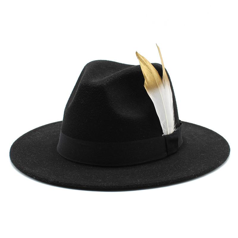 Trendy Wide-Brimmed Hat Woolen Top Hat Versatile Feather Flat Edge Jazz Hat British Style