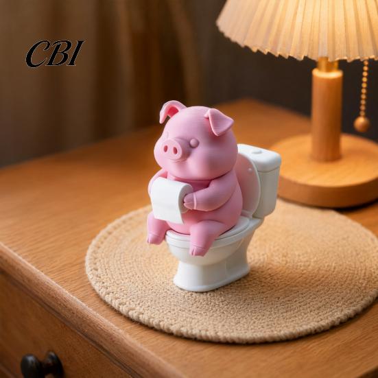 Detailed 3D Printed Model Cute Pig On Toilet Figurine, Funny Bathroom Desk Decor with Paper Decoration Roll, Humorous Sculpture for Shelf Office
