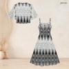 Women Plus Size White Printed Two Piece Set Batwing Sleeve Cropped Shrug Strappy Flared Dress