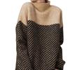 Womens Oversized Knit Sweater With Colorblock Stripe Design High Neck Loose Fit Winter 2025