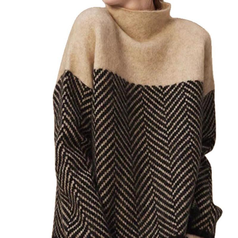 Womens Oversized Knit Sweater With Colorblock Stripe Design High Neck Loose Fit Winter 2025