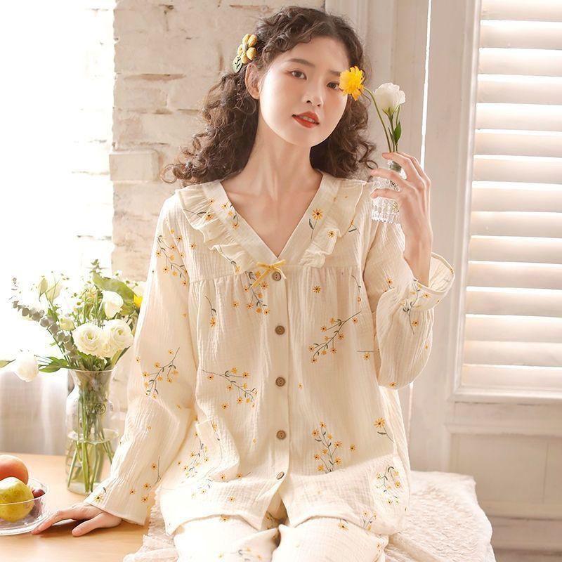 Süße japanische Prinzessin bestickte Heimkleidung Damen-Schlafanzug Langarm Frühling Herbst Reine Baumwollgaze Dünnes Loungewear-Set
