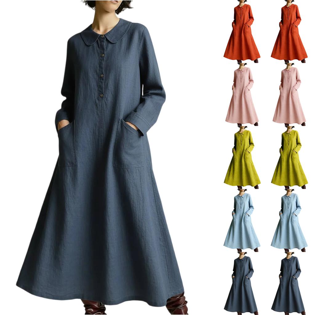 Women's -color Mid-length Loose-fitting Dress With Large Pockets And Casual