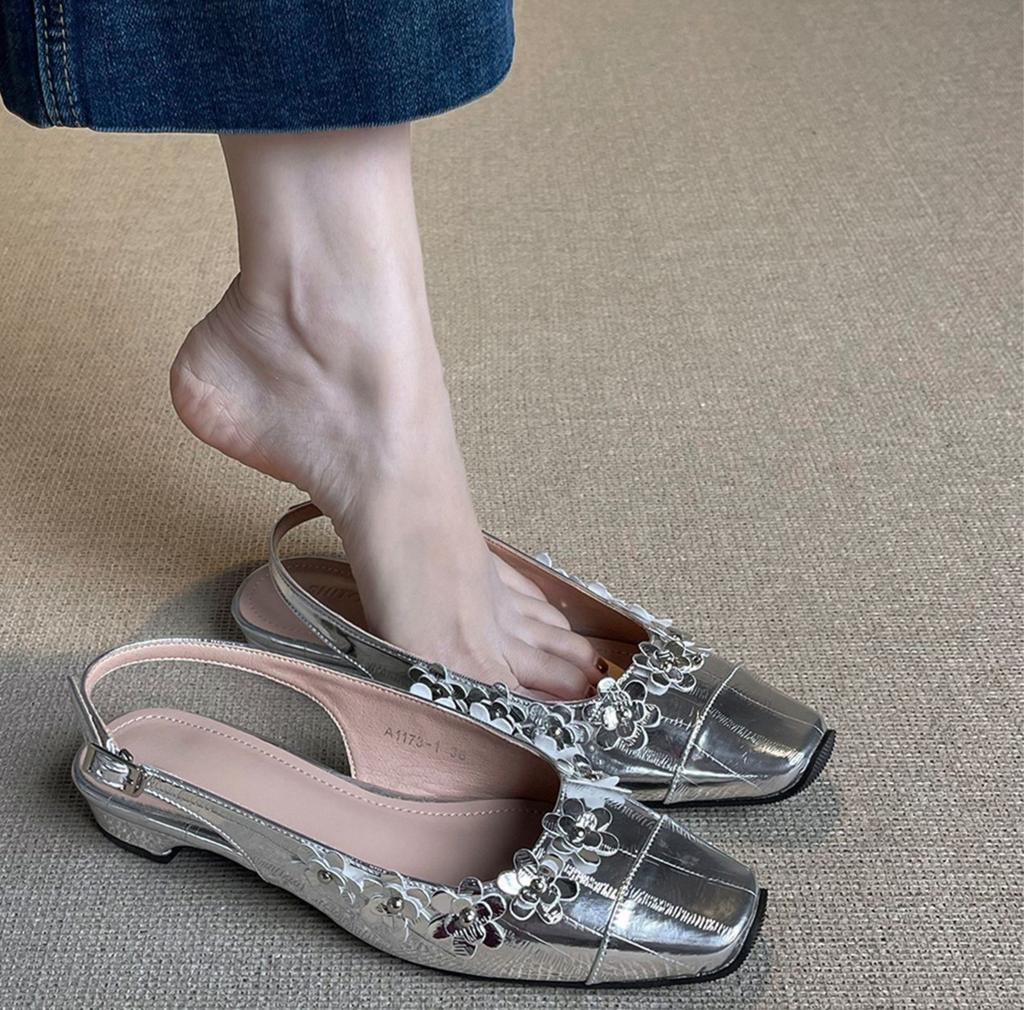 French temperament silver bag head sandals women's summer wear new versatile one-word belt with empty skirt flat-soled single shoes