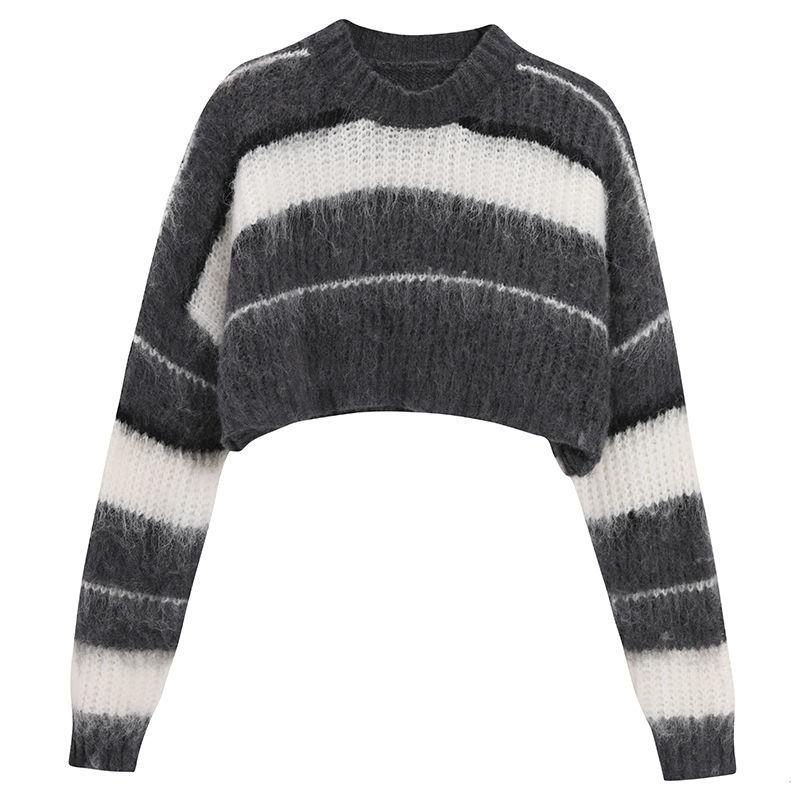 

Корейский серый полосатый укороченный свитер, женский винтажный вязаный пуловер в стиле Харадзюку, уличная одежда, джемпер с длинными рукавами, осенние топы XL