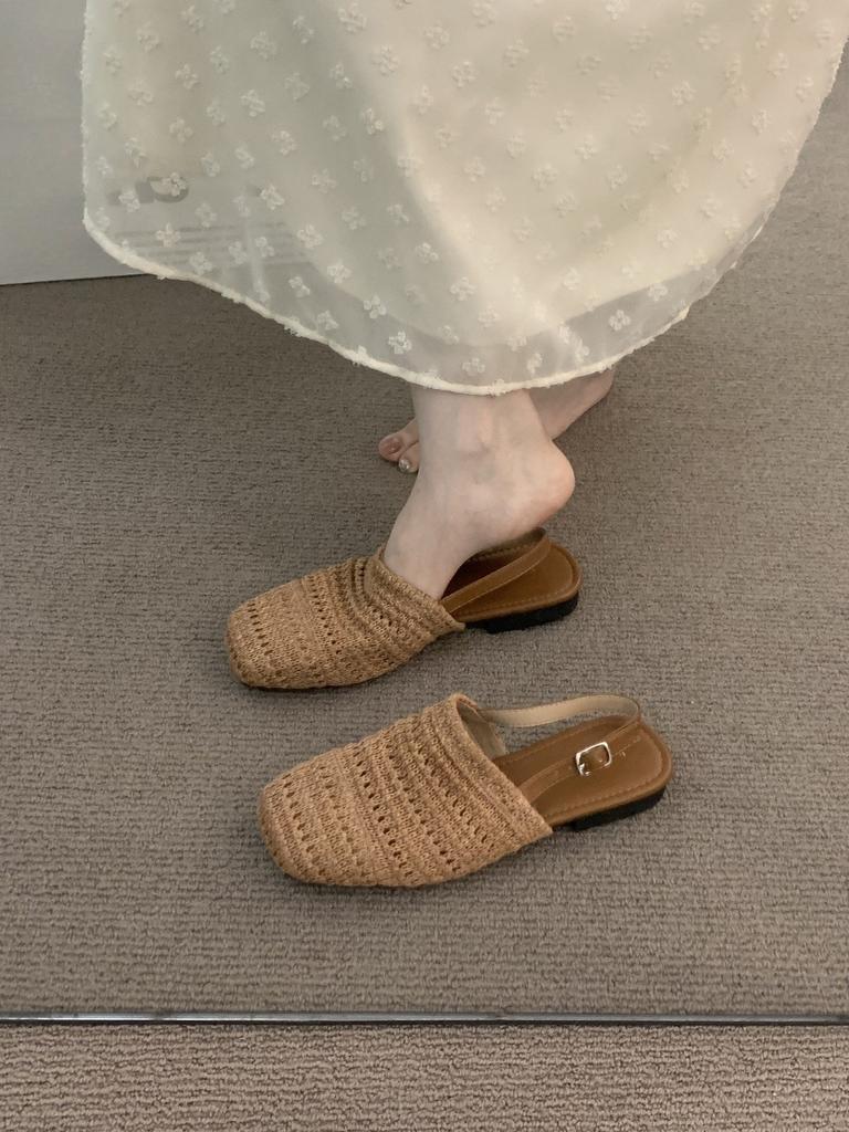 French gentle woven bag head sandals girl 2025 spring and summer vacation fairy evening empty single shoes