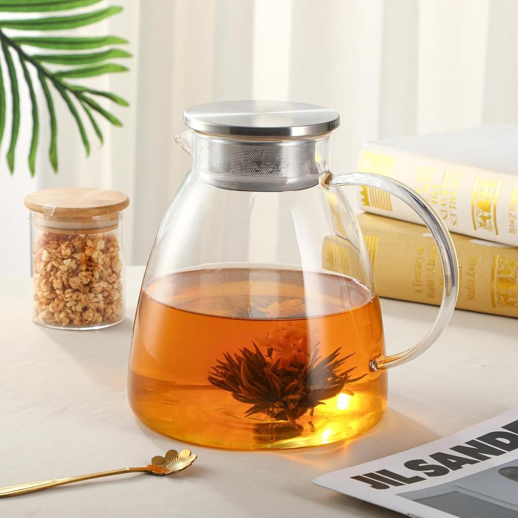 68OZ/2000ML One Touch Glass Teapot with Stainless Steel Filter Lid, Stovetop & Microwave Safe Tea Maker Water Kettle, Strainer & Cover 2 in 1 Loose