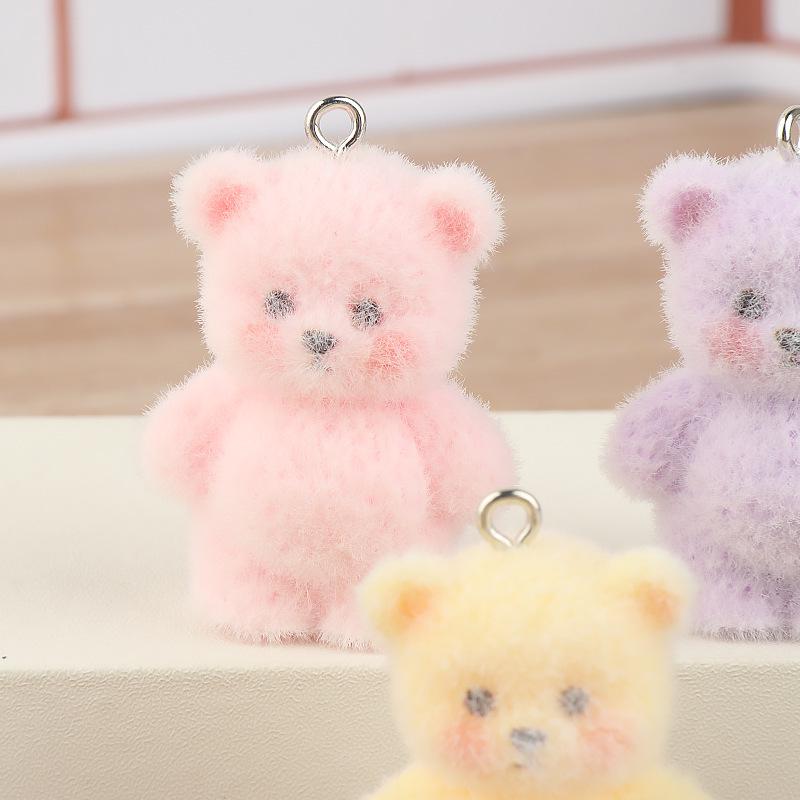 Pink Flocked Resin Bear Charm for Keychain, Bag, Earrings, Necklace