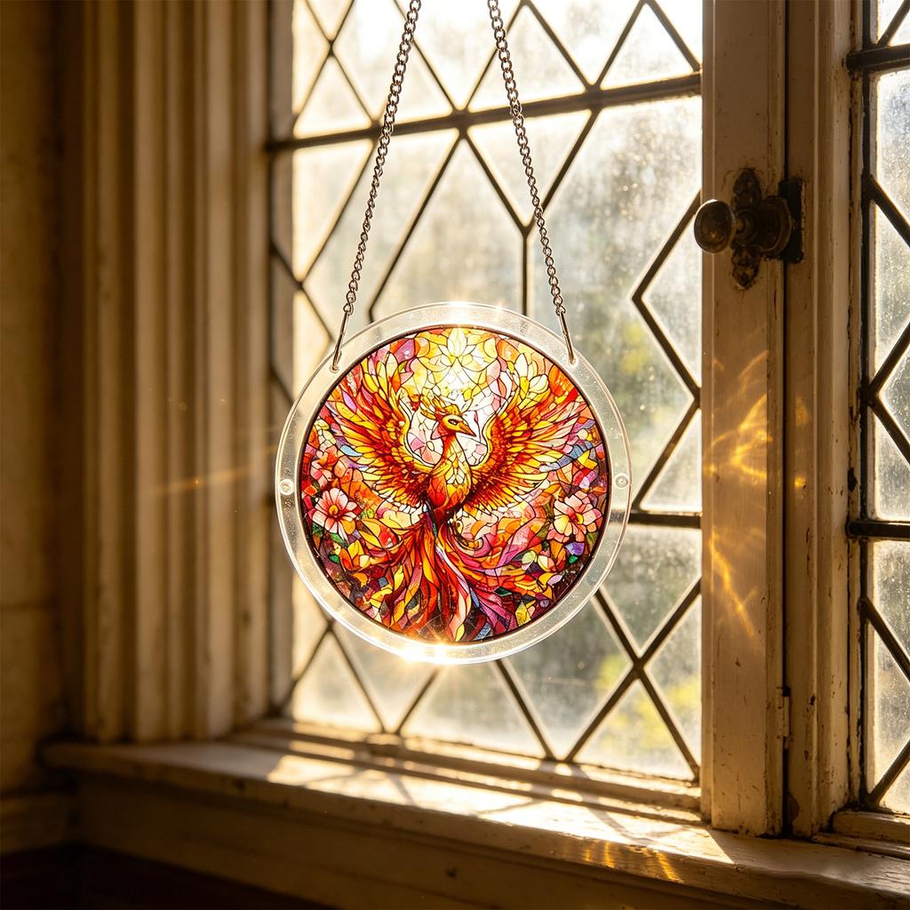 Acrylic Sun Catcher Window Hanging Ornament 2D Stained Glass Style Phoenix Design Decorative Suncatcher with Chain for Indoor Outdoor Use