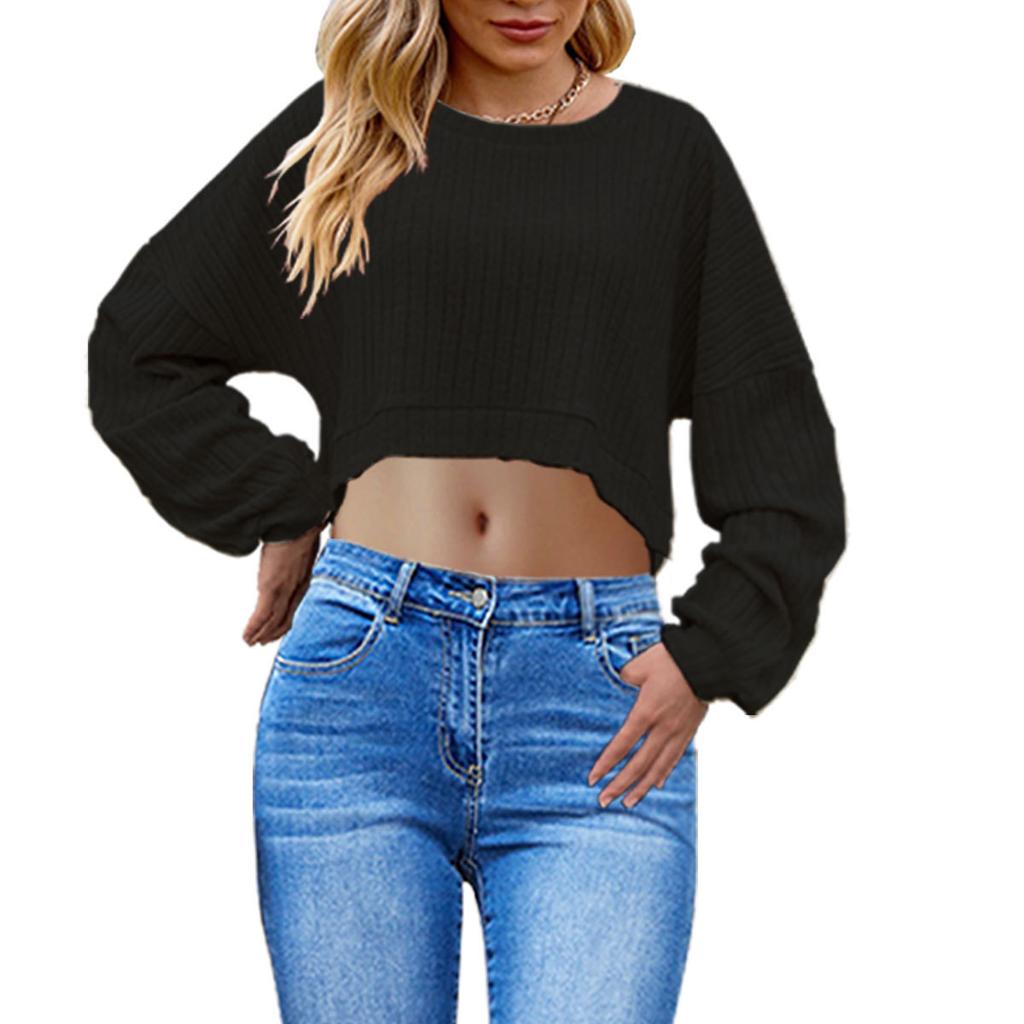 GMXIA Autumn and Winter Women's Wear Is A Brushed Pit Striped Knitted Crop Top with Long Sleeves and Short T-shirts
