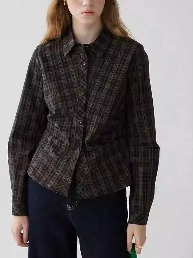 Women's Retro Plaid Pleated Waist Shirt - New Autumn/Winter Slim Lapel Top
