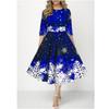 Women's Christmas Snowflake Print A-Line Dress Round Neck 3/4 Sleeve High Waist Midi Party Dress