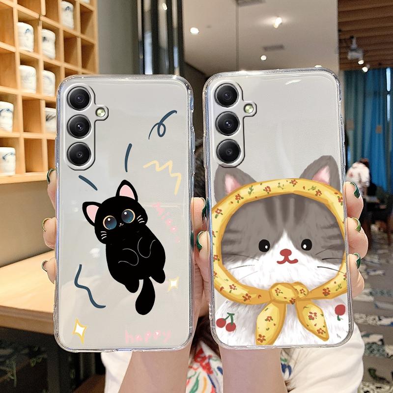 Cute Cat Cartoon Soft Transparent Silicon Case For Samsung A55 A35 M35 M34 S24 Xiaomi Redmi Note 13 Pro 13C Poco M6 Camera Shockproof Protective Cover