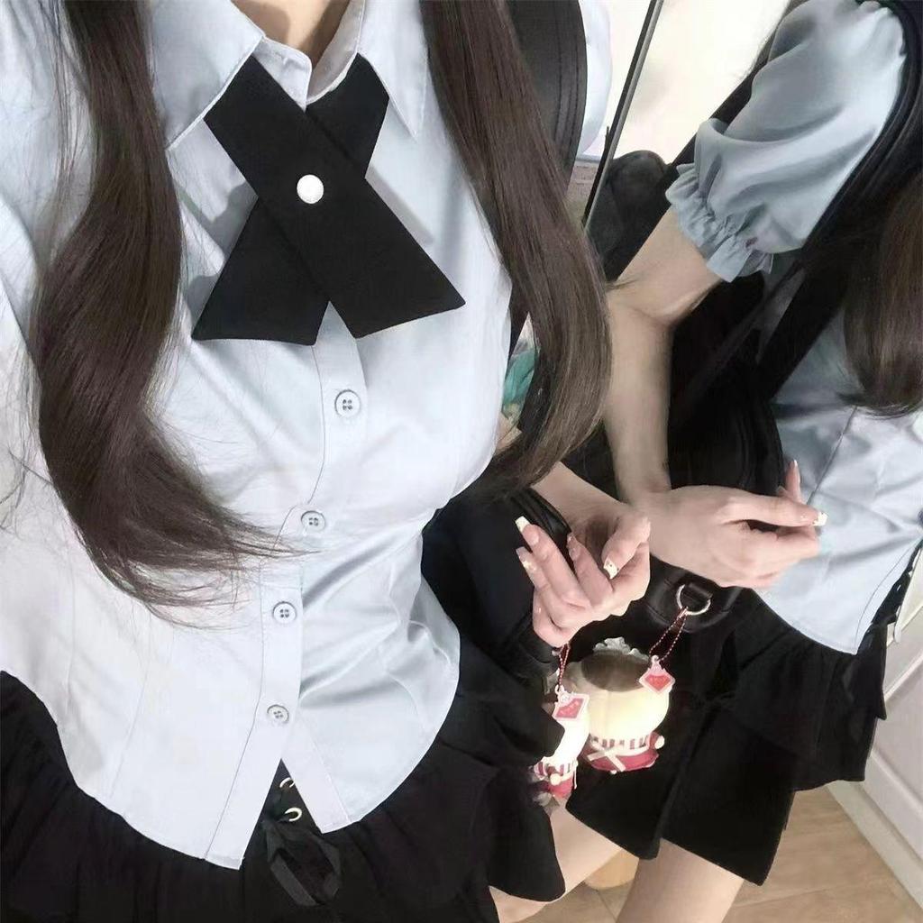 Japanese Academy Style Women's Short-Sleeved Shirt & Fluffy Layered Skirt Set