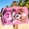 Cute Puppy Beach Towel - Teacup Dog with Heart & Roses, Pink Romantic Design, Quick Dry, Multiple Sizes