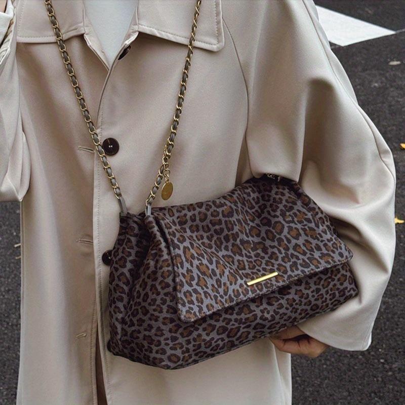 New Retro Fashion Leopard Print Women's Crossbody Bag, Versatile and Elegant Chain Shoulder Strap with Soft Hand Feel, Work Commuter Handbag