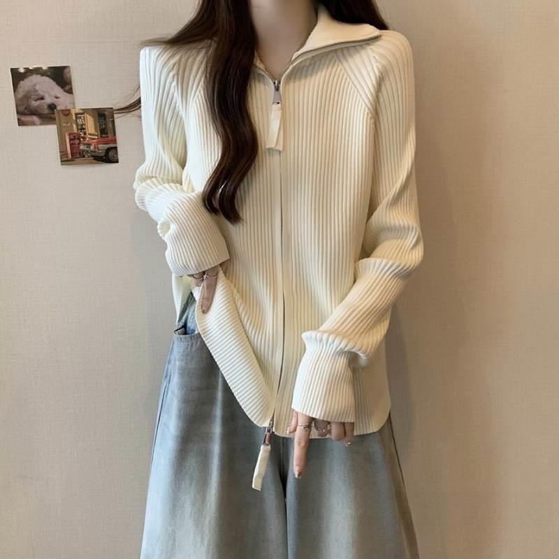 Women's Slimming European Style Maillard Sweater - Plus Size Double Zipper Cardigan for Early Spring
