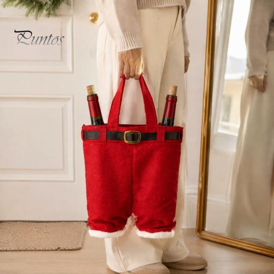 Christmas Party Favor Bags Santa Pants Shaped Candy Bag, Large Wine Bottle Holder with Festive Fabric Decorations Handle, Holiday Treat Tote
