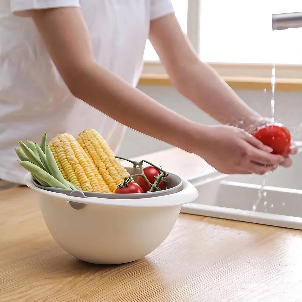Kitchen Double Basin Drainer Strainer with Bowl Fresh Fruit Vegetable Cleaning Basket Essential Tool