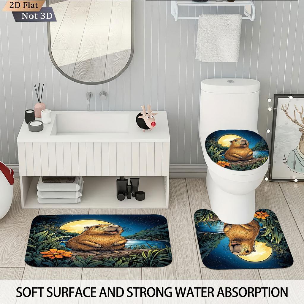 4pcs Capibala Printed Bathroom Set 180x180 Waterproof Shower Curtain With 12 Hook Type Floor Mats, Toilet Mats, U-Shaped Mats