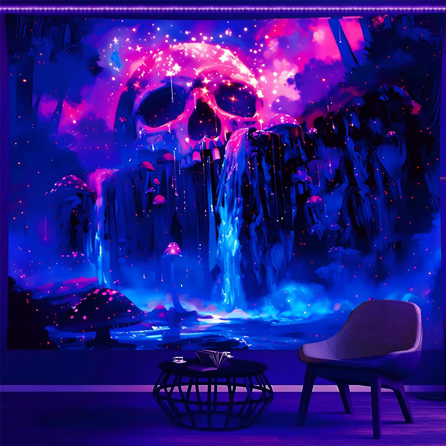 TUGCAY Blacklight Skull Waterfall Tapestry Mushroom Forest Tree Mountain Landscape Tapestry UV Reactive Galaxy Starry Night Tapestries for Bedroom 60 L x 50 W