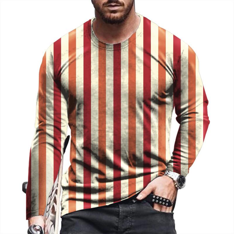 Spring and Autumn Round Neck 3D Stripe Printed Top Fashionable Casual Long Sleeved Men's T-shirts