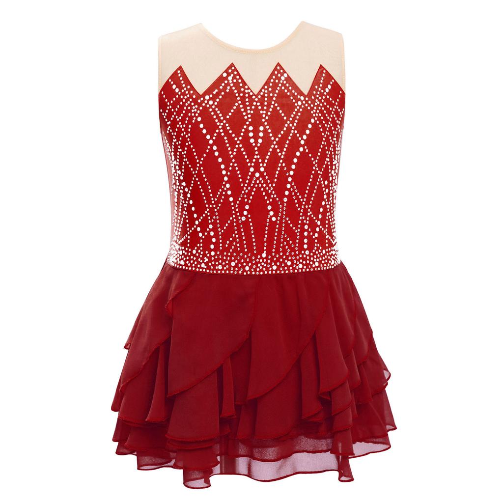 Rochie Patinaj Artistic Fete Gât Rotund Fără Mâneci Strassuri Strălucitoare Fustă Volanată Stratificată Costum de Dans pentru Competiție