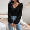 Ladies Casual Fashion V-Neck Puff Sleeve Cable Knit Long Sleeve Top