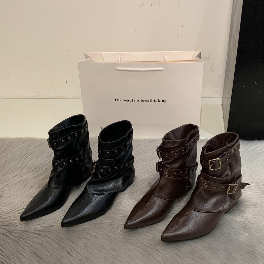 Coarse heel suede pointed trouser boots women's autumn and winter new western cowboy boots knight boots belt buckle short boots