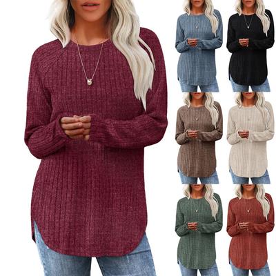 Damhöst Långärmad Lös Rundhalsad T-shirt med Hög Låg Böjd Fåll, Casual Lös Topp för Kvinnor, Europeiska och Amerikanska Gränsöverskridande Kläder