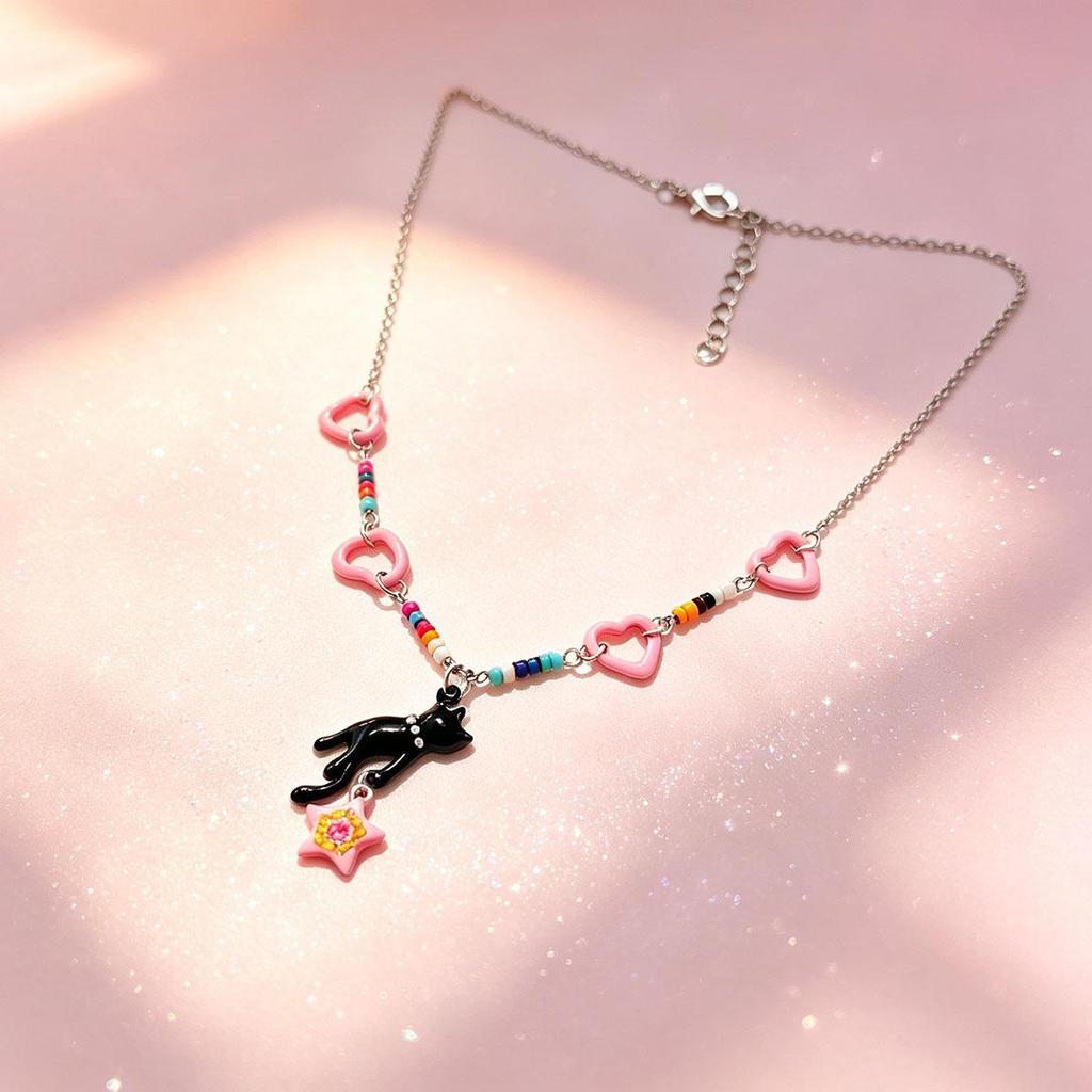 Cat Stealing Stars Pink Star Beaded Fashion Necklace Women Summer Dopamine Y2K Hot Girl Style Collarbone Chain Neck Chain
