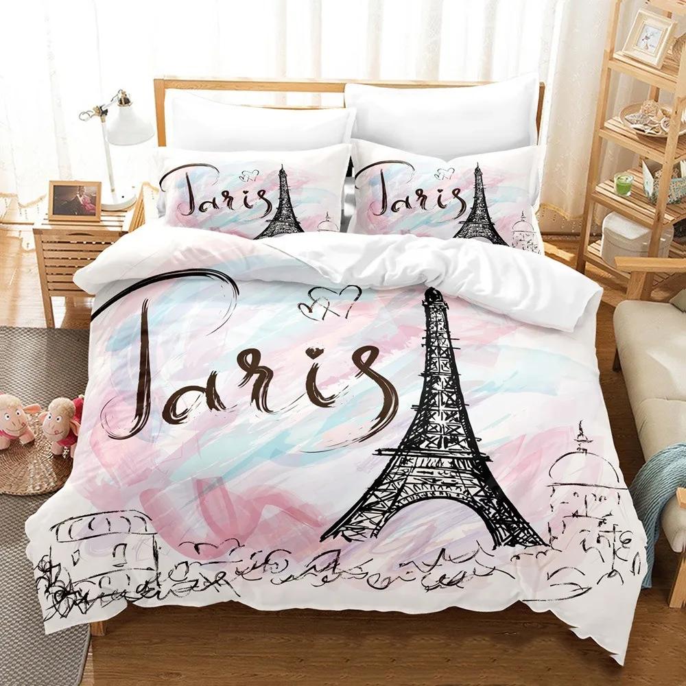 King Comfortable Quilt Cover Set Beding Digital Printing Pink Love Paris Tower Luxurious Bed Linen Set 28*28 Including (duvet Cover+pilowcase