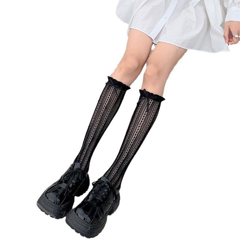 Women's Spring and Summer Ribbon Bow Ballet Style Breathable Lace Lace Mid Calf Socks