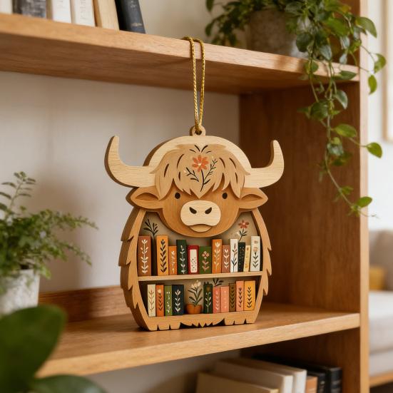 Wooden Bookshelf Ornament Animal Shaped Bookshelf Christmas Ornament Owl/Highland Cow/Elephant Figurine Bookish Gifts for Book Lovers Readers
