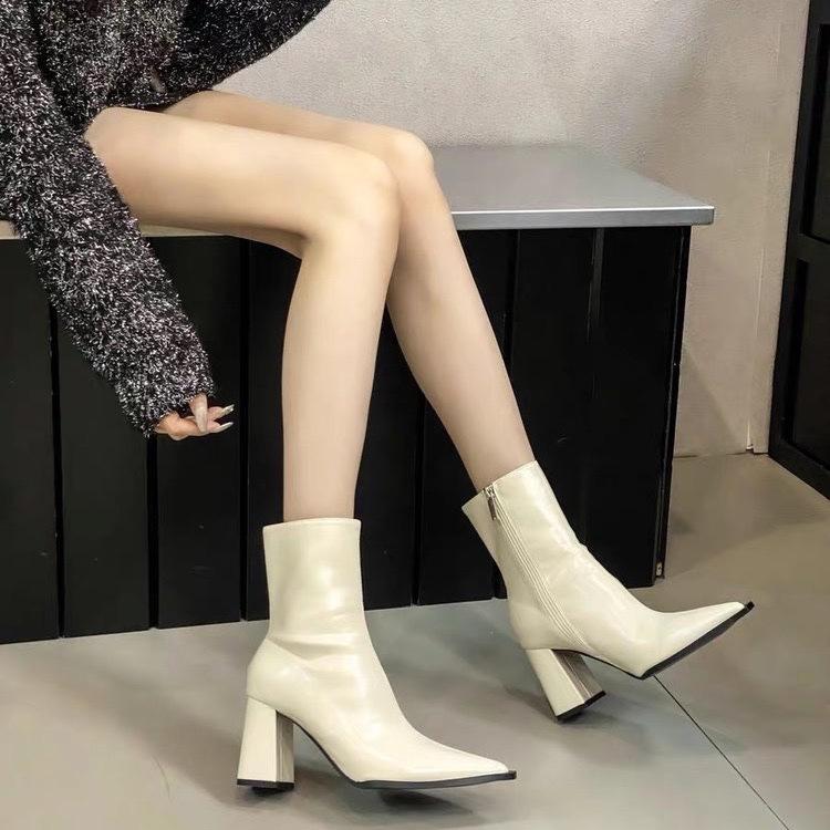 2025 autumn and winter new European and American fashion pointed short tube thick heel Martin boots women's thin boots patent leather high heel sho