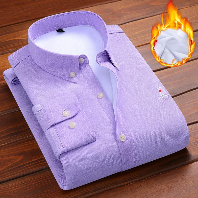 Men's Warm Shirt Men's Fleece Thickened Youth Oxford Spinning Cotton Long Sleeve Solid Color Embroidered Men's Shirt