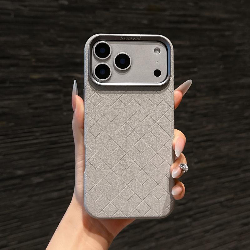 Diamond Grid PU Leather For Magsafe Case For iPhone 17 16 15 14 13 Pro Max Air Metal Lens Heightening Anti-drop Protector Cover