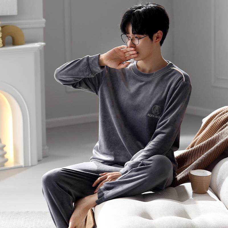 Pajamas Men'S Autumn And Winter Island Fleece Fleece Spring And Autumn Coral Fleece Thin Fleece Homewear Set