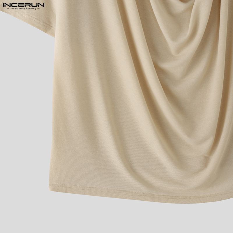 INCERUN T-shirt Casual Estive da Uomo Oversize con Collo a Sottoveste a Maniche Corte, Tinta Unita, Ample