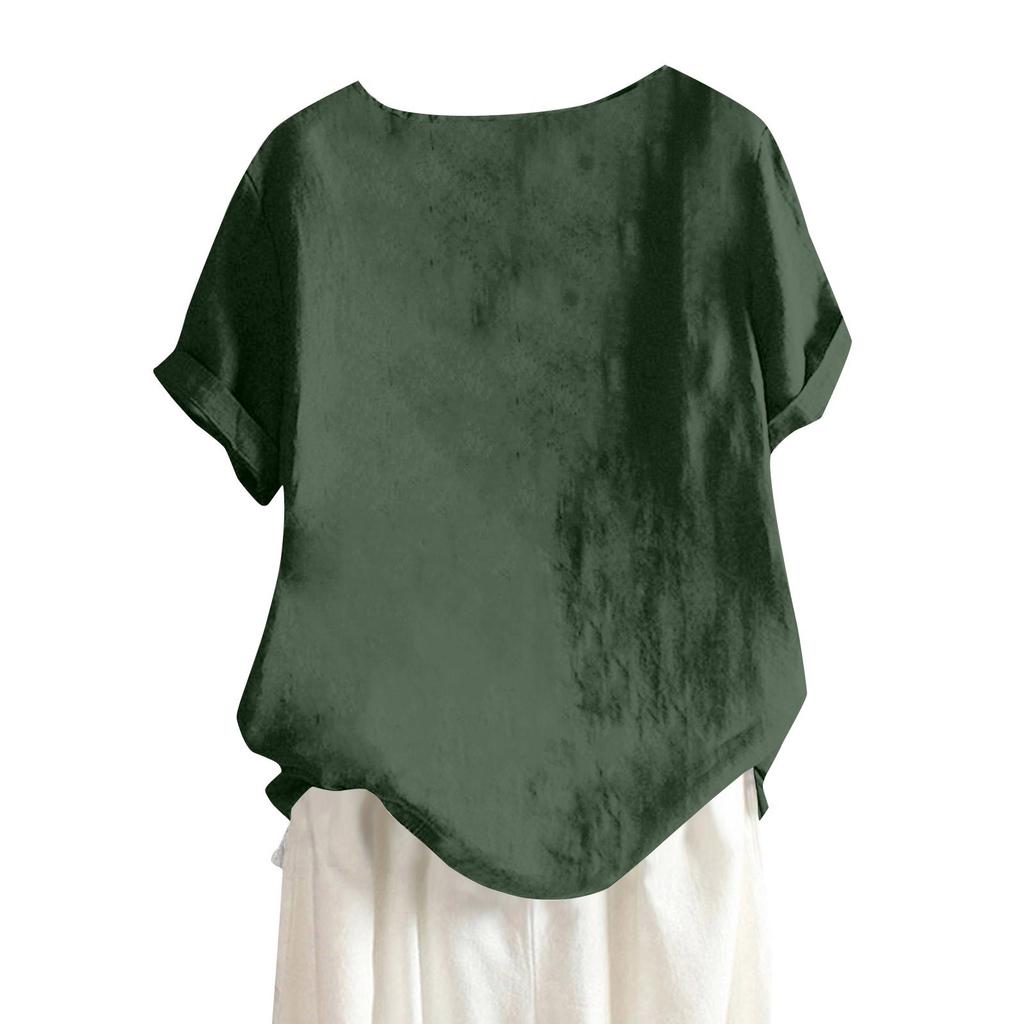Women's Fashion Casual Round Neck Short Sleeve Cotton And Linen Printed T-shirt Top