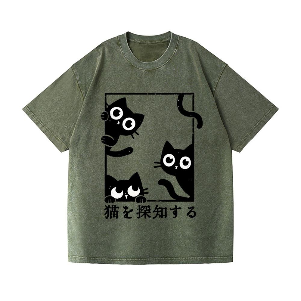 Fashion Black Cat Vintage Wash Japanese Design T-Shirt Harajuku Basic Top Casual Cotton Short Sleeve Dropped Shoulder