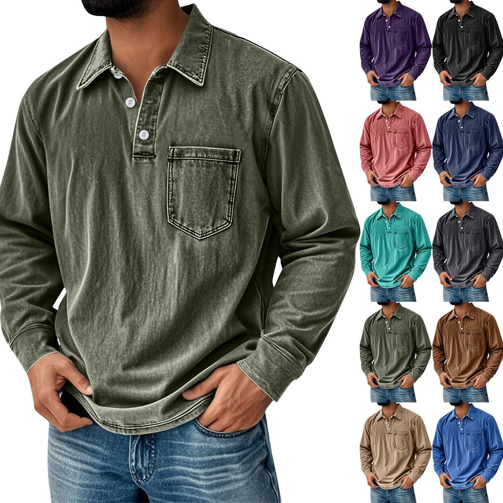 Men's Solid Color Washed Sports Button Pocket Lapel Collar Long Sleeve Top