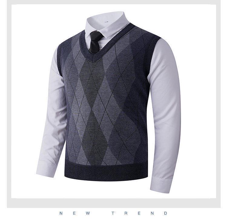 Men's V-Neck Knit Vest - Autumn/Winter Style, Sleeveless Casual Pullover for Middle-Aged and Young Adults