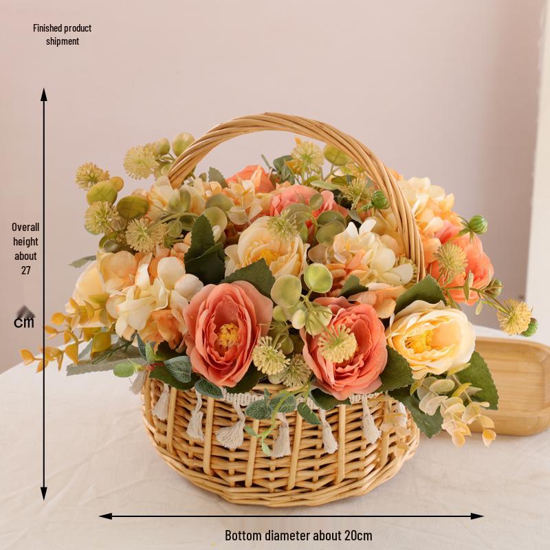Floral Pastoral Wood Art: Straw, Willow, Rattan Weaving with Artificial Flowers and Basket Ornaments for Home and Living Room Décor