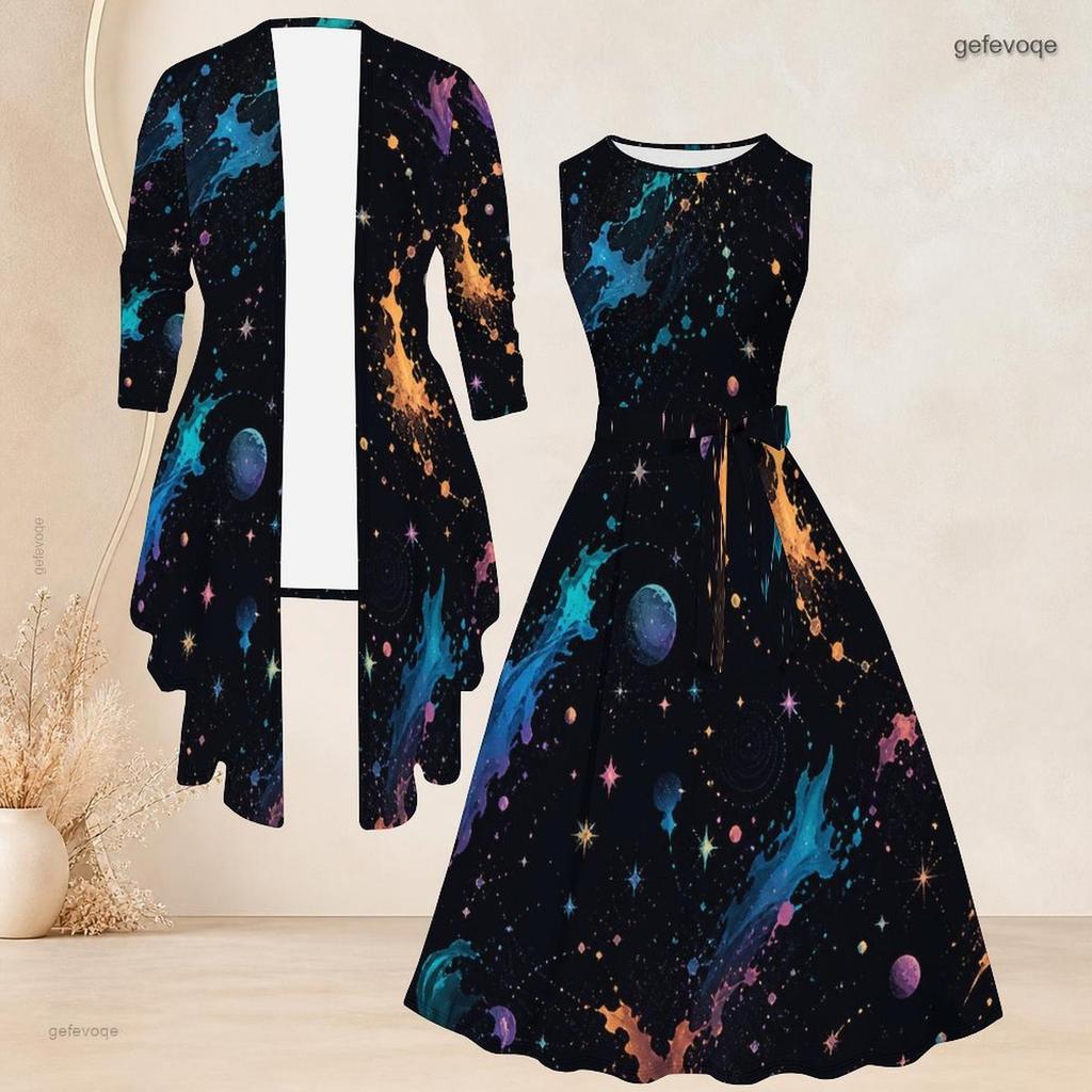 Women Plus Size Two Piece Set Black Multicolor Printed Three Quarter Sleeve Open Cardigan Sleeveless Crew Neck Tie Waist Flared Dress