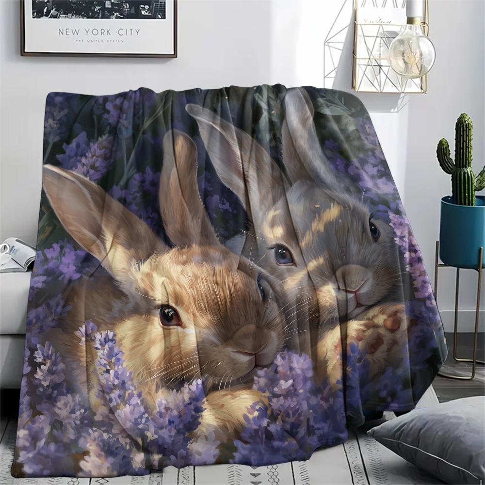 Rabbit and Flowers pattern Flannel Blanket, High quality Comfortable for All Seasons, Home Decor, Warmth and Comfort, Perfect for Gifts.