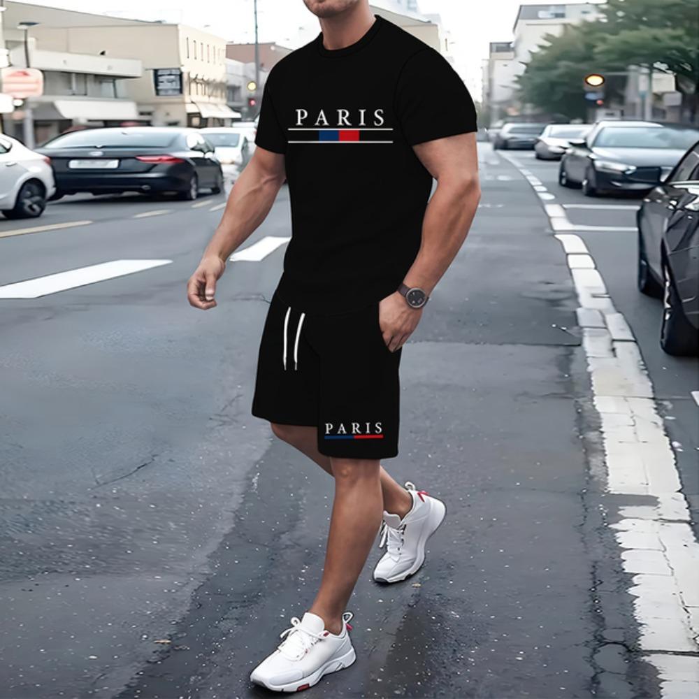 

New Casual Fashion Round Neck Drawstring Shorts T-shirt Breathable Lightweight 2-piece Set Street Versatile Two-piece Set 5XL