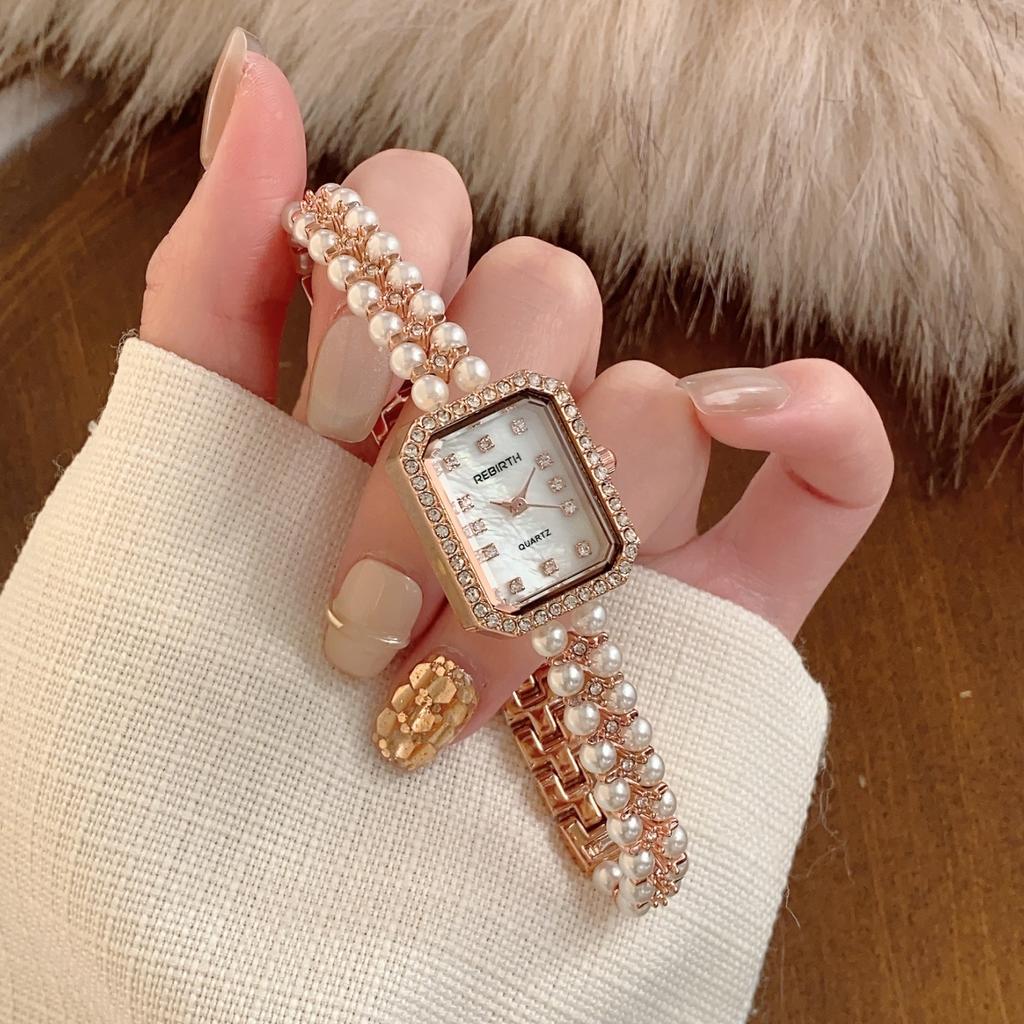 Diamond Pearl Studded Strap Women Watch Luxury Rhinestone Analog Quartz Ladies Bracelet Watches Square Dial Wristwatch Reloj