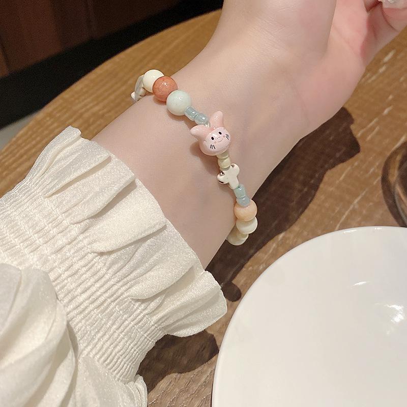Macaron Color Cute Rabbit Bracelet for Women - Ceramic Beaded Bestie Bracelet, Fade-Resistant